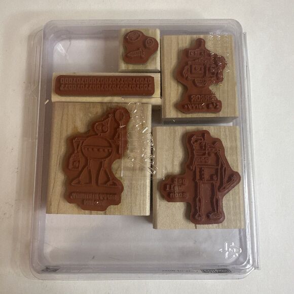 Stampin Up LOTS OF BOTS Wood Stamp Set of 5 Robots Happy Birthday Get Well Soon - Picture 3 of 4